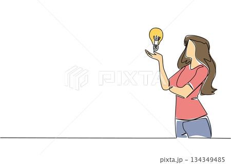 Single one line drawing a woman raises and opens palm with lightbulb floating above palm. Considering the best solution. Genius. National Creativity Day. Continuous line design graphic illustration Single one line drawing a woman raises and opens palm with lightbulb floating above palm. Considering the best solution. Genius. National Creativity Day. Continuous line design graphic illustration 134349485