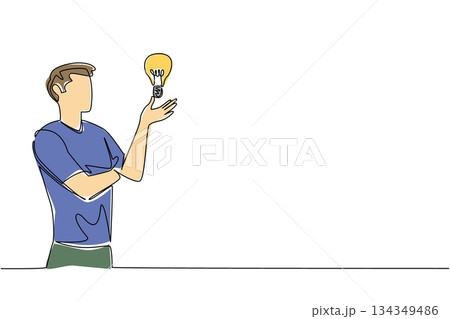 Continuous one line drawing a man raises and opens palm with lightbulb floating above palm. Measuring the best ideas to implement. National Creativity Day. Single line draw design vector illustration Continuous one line drawing a man raises and opens palm with lightbulb floating above palm. Measuring the best ideas to implement. National Creativity Day. Single line draw design vector illustration 134349486