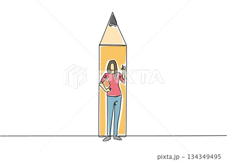 Single one line drawing a woman standing in front of bottom end of pencil with a gesture. Binding the best ideas through writing. National Creativity Day. Continuous line design graphic illustration Single one line drawing a woman standing in front of bottom end of pencil with a gesture. Binding the best ideas through writing. National Creativity Day. Continuous line design graphic illustration 134349495