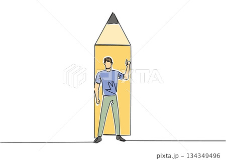 Single continuous line drawing a man standing in front of the bottom end of a pencil with a gesture. Writing solutions is the right way. National Creativity Day. One line design vector illustration 134349496