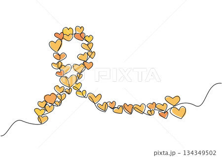 Single continuous line drawing large campaign ribbon formed from collection of small hearts of varying sizes. Caring ribbon. Symbol. World Multiple Sclerosis Day. One line design vector illustration Single continuous line drawing large campaign ribbon formed from collection of small hearts of varying sizes. Caring ribbon. Symbol. World Multiple Sclerosis Day. One line design vector illustration 134349502