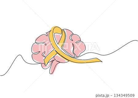 Continuous one line drawing brain with ribbon in the middle. A disease that is very difficult to predict. Paralyze the brain. World Multiple Sclerosis Day. Single line draw design vector illustration 134349509