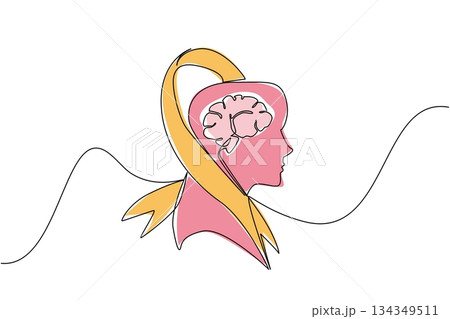 Single continuous line drawing campaign ribbon wraps around silhouette of head with brain inside head. Currently undergoing treatment. World Multiple Sclerosis Day. One line design vector illustration Single continuous line drawing campaign ribbon wraps around silhouette of head with brain inside head. Currently undergoing treatment. World Multiple Sclerosis Day. One line design vector illustration 134349511