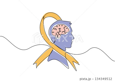 Continuous one line drawing campaign ribbon wraps around silhouette of head with brain inside the head. Suffering is ongoing. World Multiple Sclerosis Day. Single line draw design vector illustration Continuous one line drawing campaign ribbon wraps around silhouette of head with brain inside the head. Suffering is ongoing. World Multiple Sclerosis Day. Single line draw design vector illustration 134349512