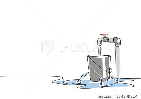 Single continuous line drawing water leaks out of a bucket with holes filled with taps and puddles. Neglect becomes waste. Broken. National Hole In My Bucket Day. One line design vector illustration 134349514