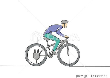 Single continuous line drawing a man riding an e bike with a cable plug in his tire. The perfect week to exercise with modern technology. National E Bike Day. One line design vector illustration 134349532