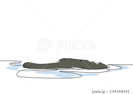 Single one line drawing part of the head of alligator is sticking out of the water. Moving slowly in the swamp. Hunting. The beast. National Alligator Day. Continuous line design graphic illustration 134349541