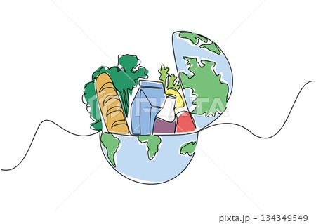 Single one line drawing half round globe with open top with French bread, glass bottle of milk, vegetables. Lack of nutritional equity. World Hunger Day. Continuous line design graphic illustration 134349549