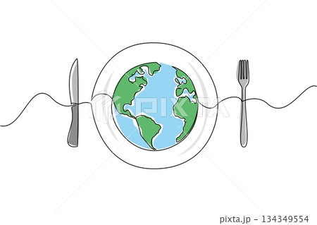 Single continuous line drawing a plate with a globe in the middle with knife and fork on the right and left. Annual problem that keeps happening. World Hunger Day. One line design vector illustration 134349554