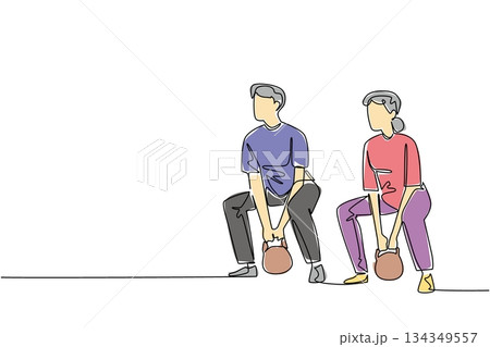Continuous one line drawing a pair of grandparents are doing fitness on fitness mate. Maintain muscle mass together. National Senior Health and Fitness Day. Single line draw design vector illustration Continuous one line drawing a pair of grandparents are doing fitness on fitness mate. Maintain muscle mass together. National Senior Health and Fitness Day. Single line draw design vector illustration 134349557