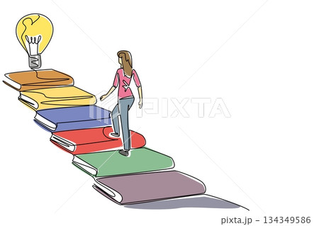 Continuous one line drawing a woman walks on stairs made of books and a lightbulb floating at the end. Stepping into genius. Idea. National Creativity Day. Single line draw design vector illustration 134349586