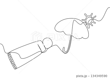 Continuous one line drawing open sunscreen tube with contents forming an umbrella and sun. Symbol. Protects from the hot sun. Block. National Sunscreen Day. Single line draw design vector illustration Continuous one line drawing open sunscreen tube with contents forming an umbrella and sun. Symbol. Protects from the hot sun. Block. National Sunscreen Day. Single line draw design vector illustration 134349590