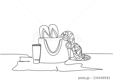 Single one line drawing tube of sunscreen, sunglasses, bag, woven hat and flip flops on the mat. Play equipment in summer. Protect. National Sunscreen Day. Continuous line design graphic illustration 134349591