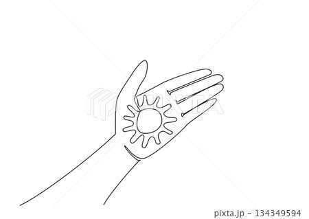 Single continuous line drawing sun shaped cream on the palm. Lotion that protects the skin. Best friends when summer comes. Care. Vacation. National Sunscreen Day. One line design vector illustration Single continuous line drawing sun shaped cream on the palm. Lotion that protects the skin. Best friends when summer comes. Care. Vacation. National Sunscreen Day. One line design vector illustration 134349594