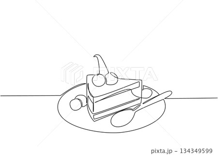 Continuous one line drawing cheese cake slices topped with cherries on a small plate. Share the taste of pleasure. Delicious. National Cherry Dessert Day. Single line draw design vector illustration 134349599