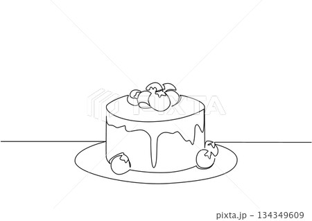 Single one line drawing round cheese cake with blueberry topping on a small plate. A dish to complete a long holiday. National Blueberry Cheesecake Day. Continuous line design graphic illustration 134349609