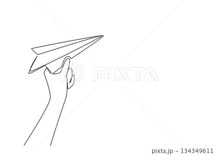 Single one line drawing hand holding paper airplane. Sharpen creativity. Symbols of happiness do not have to be expensive toys. National Paper Airplane Day. Continuous line design graphic illustration 134349611