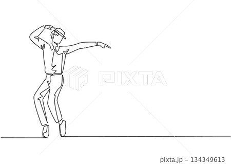 Single one line drawing a man wearing a white long sleeve shirt, a hat and his feet on tiptoes. Male dancer with phenomenal moves. National Tap Dance Day. Continuous line design graphic illustration 134349613