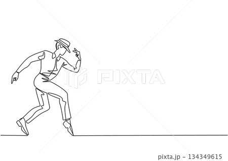 Single one line drawing a man wearing a white long sleeve shirt, trousers and a hat posing. Doing the moonwalk movement. Pro dancer. National Tap Dance Day. Continuous line design graphic illustration Single one line drawing a man wearing a white long sleeve shirt, trousers and a hat posing. Doing the moonwalk movement. Pro dancer. National Tap Dance Day. Continuous line design graphic illustration 134349615