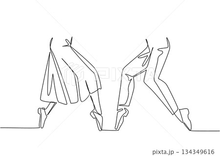 Single continuous line drawing 2 pairs of feet wearing tap dance shoes and their feet posing. Stunning performance. Rhythmic. Elegant. National Tap Dance Day. One line design vector illustration Single continuous line drawing 2 pairs of feet wearing tap dance shoes and their feet posing. Stunning performance. Rhythmic. Elegant. National Tap Dance Day. One line design vector illustration 134349616