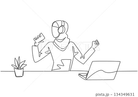 Continuous one line drawing Arab woman using headphone sitting singing holding a coffee paper cup as a mic. Mood boosting activities. National Sing Out Day. Single line draw design vector illustration 134349631
