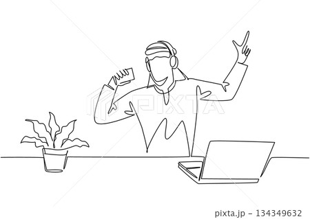 Single continuous line drawing Arab man uses headphone sits sing hold coffee paper cup as mic. Singing as loud as possible to relieve fatigue National Sing Out Day. One line design vector illustration 134349632