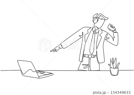 Single one line drawing businessman stands wear headphone and holds coffee paper cup as mic. Excitement like being at music concert. National Sing Out Day. Continuous line design graphic illustration Single one line drawing businessman stands wear headphone and holds coffee paper cup as mic. Excitement like being at music concert. National Sing Out Day. Continuous line design graphic illustration 134349633