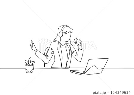 Single continuous line drawing a business woman using headphones sitting singing holding a coffee paper cup. A short break. Leisure. Enjoy. National Sing Out Day. One line design vector illustration 134349634