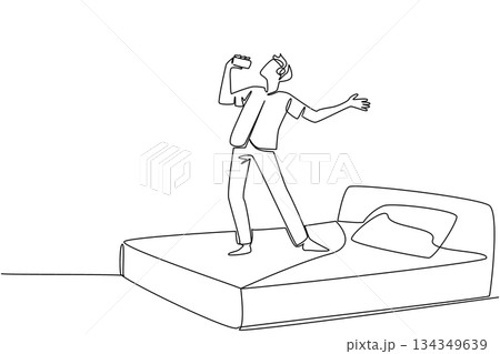 Continuous one line drawing a man in casual clothes wear headphone stand on a bed hold a smartphone used as a mic. Hobby. Music. National Sing Out Day. Single line draw design vector illustration Continuous one line drawing a man in casual clothes wear headphone stand on a bed hold a smartphone used as a mic. Hobby. Music. National Sing Out Day. Single line draw design vector illustration 134349639