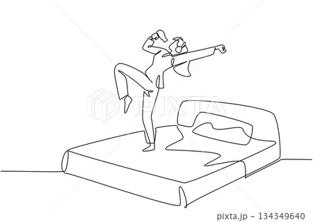 Single continuous line drawing a woman in pajamas wear headphone stands on a bed hold a hair dryer used as a mic. Evening routine before bed. National Sing Out Day. One line design vector illustration Single continuous line drawing a woman in pajamas wear headphone stands on a bed hold a hair dryer used as a mic. Evening routine before bed. National Sing Out Day. One line design vector illustration 134349640