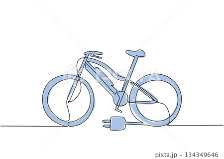 Continuous one line drawing e bike with a cable plug on its rear tire. Electric bikes that can be charged at charging stations. Tech. National E Bike Day. Single line draw design vector illustration Continuous one line drawing e bike with a cable plug on its rear tire. Electric bikes that can be charged at charging stations. Tech. National E Bike Day. Single line draw design vector illustration 134349646