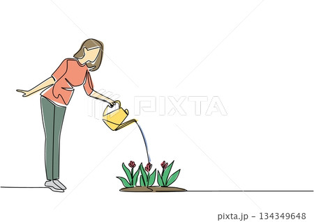 Continuous one line drawing a woman stands watering flowering plants with watering can. Hobby of caring for plants is a joy. National Water a Flower Day. Single line draw design vector illustration 134349648