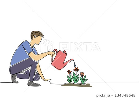 Continuous one line drawing a man squats and waters flowering plants with a watering can. New hobby for the weekend. Gardening. National Water a Flower Day. Single line draw design vector illustration 134349649