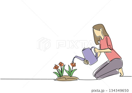 Single one line drawing a woman squats and waters flowering plants with a watering can. Caring with all the heart. New hobby. National Water a Flower Day. Continuous line design graphic illustration 134349650