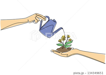 Single continuous line drawing hand holds a lump of soil with flowering plant and watering it with watering can. Symbol of cooperation. National Water a Flower Day. One line design vector illustration 134349651