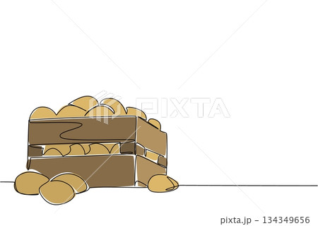 Continuous one line drawing potatoes in a wooden box and some potatoes scattered around. The month of potato harvest. International Day of the Potato. Single line draw design vector illustration Continuous one line drawing potatoes in a wooden box and some potatoes scattered around. The month of potato harvest. International Day of the Potato. Single line draw design vector illustration 134349656