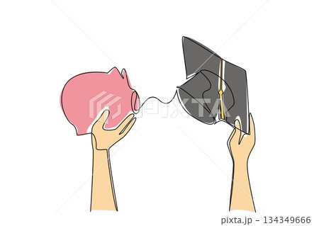 Single one line drawing 2 hands holding graduation cap and piggy bank. Success begins with preparing education funds. Scholarship. College Savings Day. Continuous line design graphic illustration 134349666