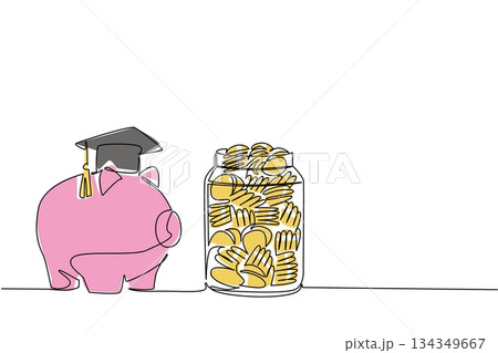 Continuous one line drawing jar full of coins and piggy bank with graduation cap. Ready to move on to higher education. Financial. College Savings Day. Single line draw design vector illustration Continuous one line drawing jar full of coins and piggy bank with graduation cap. Ready to move on to higher education. Financial. College Savings Day. Single line draw design vector illustration 134349667
