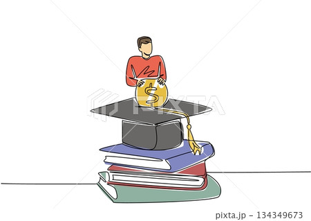 Single continuous line drawing a man standing behind a graduation cap inserting coins into the graduation cap. Investing for a better future. College Savings Day. One line design vector illustration 134349673