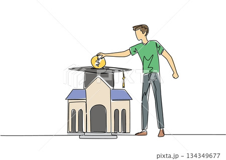 Single one line drawing a man puts coins into a graduation cap and the campus building below. College financing. For better future. College Savings Day. Continuous line design graphic illustration Single one line drawing a man puts coins into a graduation cap and the campus building below. College financing. For better future. College Savings Day. Continuous line design graphic illustration 134349677