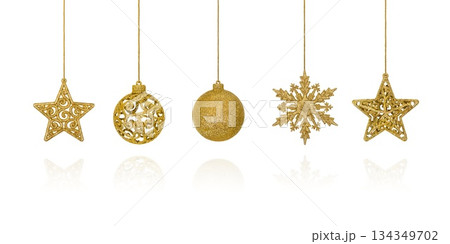 Christmas decorations in the form of a golden snowflake, star, and ball on a transparent background. Design element for Christmas card Christmas decorations in the form of a golden snowflake, star, and ball on a transparent background. Design element for Christmas card 134349702
