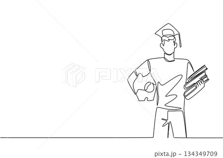 Single one line drawing a man wearing a graduation cap holding a stack of thick books and a piggy bank. Ready for further education. College Savings Day. Continuous line design graphic illustration 134349709