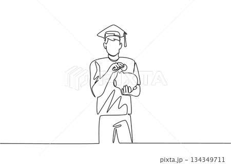 Continuous one line drawing a man wearing a graduation cap puts a dollar coin into a piggy bank. Independent savings for the future. College Savings Day. Single line draw design vector illustration 134349711