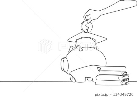 Continuous one line drawing hand puts coin into piggy bank wearing graduation cap. Seriously save for a better future. For education. College Savings Day. Single line draw design vector illustration 134349720