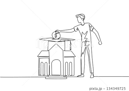 Single one line drawing a man puts coins into a graduation cap and the campus building below. College financing. For better future. College Savings Day. Continuous line design graphic illustration Single one line drawing a man puts coins into a graduation cap and the campus building below. College financing. For better future. College Savings Day. Continuous line design graphic illustration 134349725