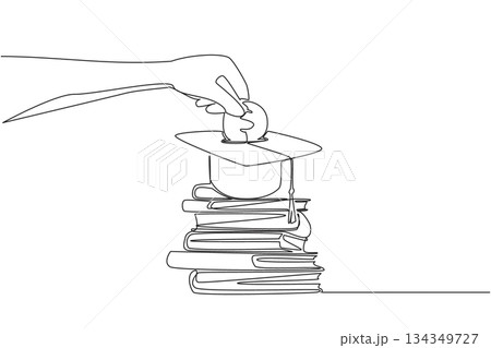 Single one line drawing hand holds coin inserting them into graduation cap and pile of thick books underneath. Serious about education. College Savings Day. Continuous line design graphic illustration Single one line drawing hand holds coin inserting them into graduation cap and pile of thick books underneath. Serious about education. College Savings Day. Continuous line design graphic illustration 134349727