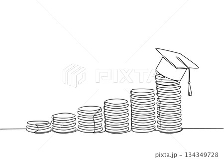 Single continuous line drawing pile of coins that getting higher and higher with graduation cap on highest pile. Higher education high cost. College Savings Day. One line design vector illustration Single continuous line drawing pile of coins that getting higher and higher with graduation cap on highest pile. Higher education high cost. College Savings Day. One line design vector illustration 134349728