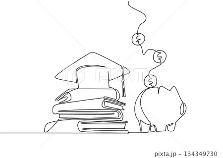 Single one line drawing pile of thick books topped with graduation cap and piggy bank filled with coins. Preparing education savings. College Savings Day. Continuous line design graphic illustration Single one line drawing pile of thick books topped with graduation cap and piggy bank filled with coins. Preparing education savings. College Savings Day. Continuous line design graphic illustration 134349730