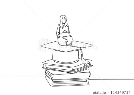 Continuous one line drawing a woman standing behind a graduation cap inserting coins into the graduation cap. Financial education. College Savings Day. Single line draw design vector illustration Continuous one line drawing a woman standing behind a graduation cap inserting coins into the graduation cap. Financial education. College Savings Day. Single line draw design vector illustration 134349734