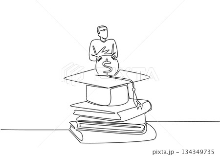 Single continuous line drawing a man standing behind a graduation cap inserting coins into the graduation cap. Investing for a better future. College Savings Day. One line design vector illustration 134349735